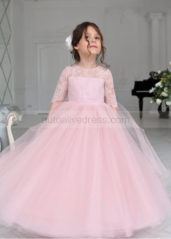 Elbow Sleeve Blush Pink Lace Tulle Flower Girl Dress Elbow Sleeve Blush Pink Lace Tulle Flower Girl Dress